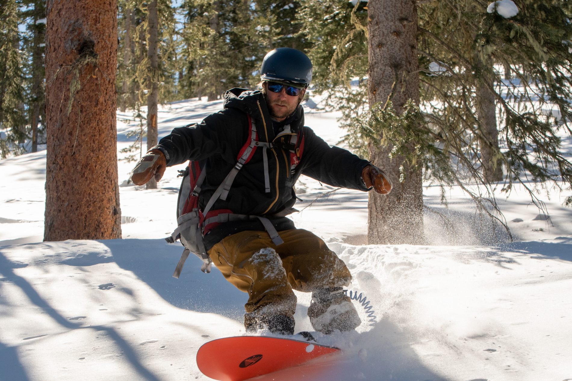 Snowboarder carving through trees.