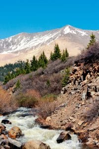 flowing river with trees and mountains behind it